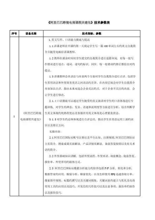 阿里巴巴跨境电商课程共建包技术参数表