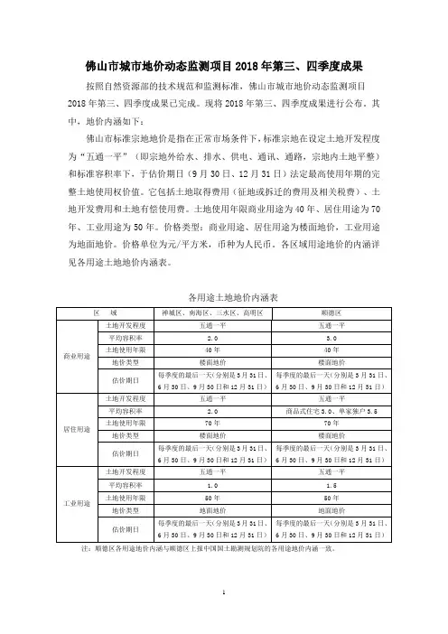 佛山市城市地价动态监测项目2018年第三、四季度成果