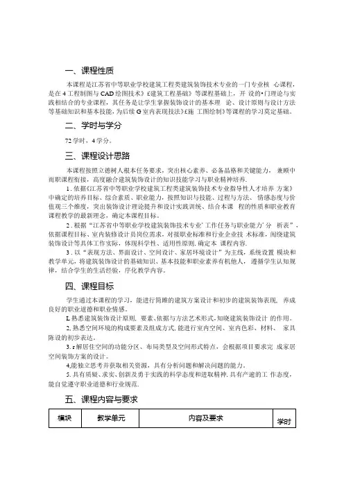 江苏省中等职业学校建筑工程类建筑装饰技术专业《建筑装饰设计基础》课程标准(试行).docx