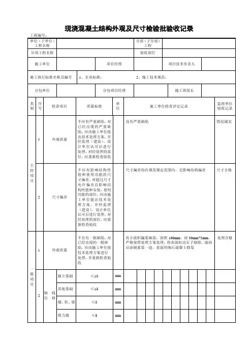 现浇混凝土结构外观及尺寸检验批验收记录样表