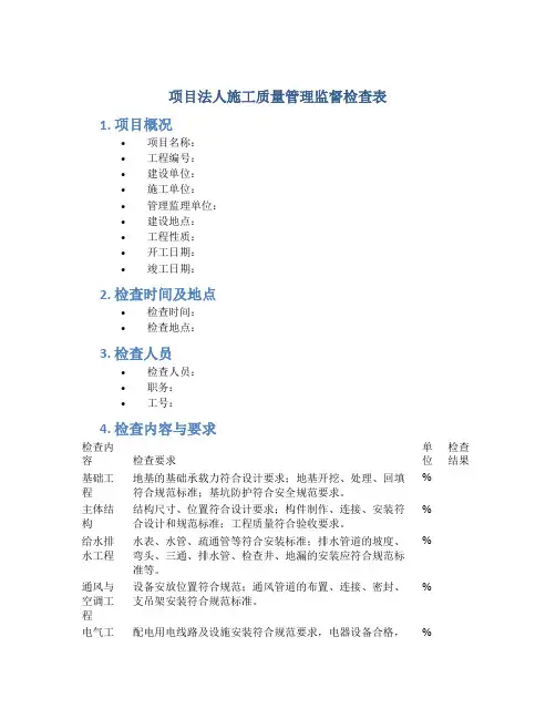 项目法人施工质量管理监督检查表