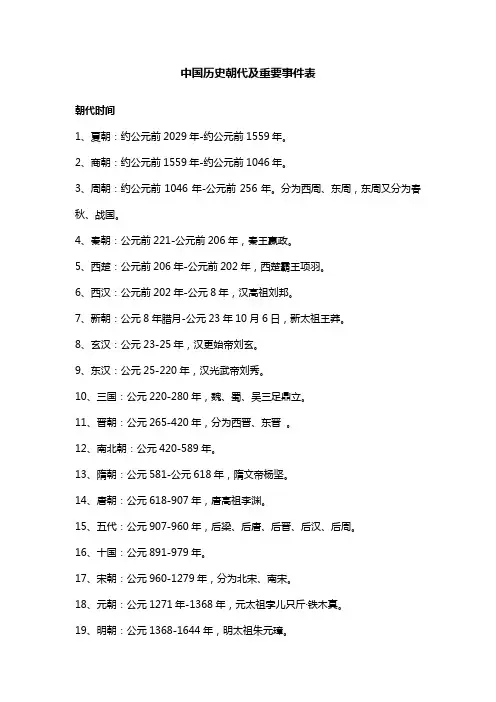 中国历史朝代及重要事件表