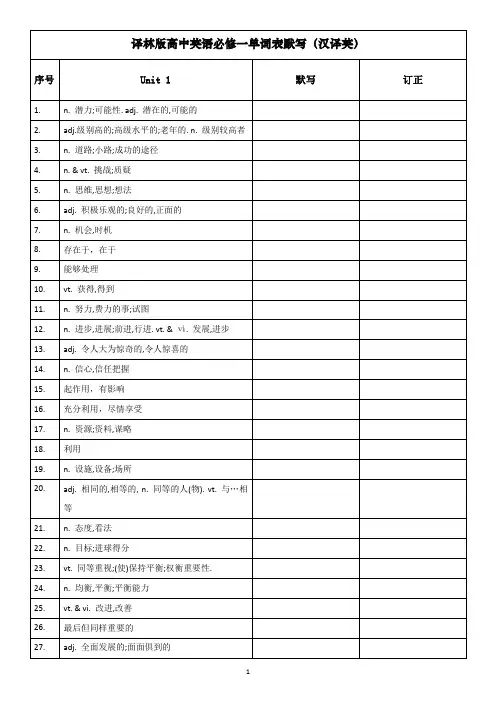 译林版高中英语必修一单词默写表