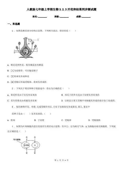 人教版七年级上学期生物3.2.3开花和结果同步测试题