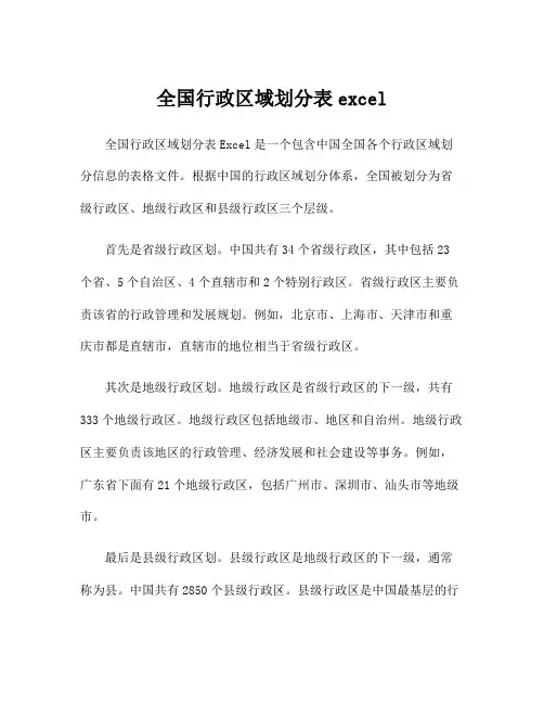 全国行政区域划分表excel