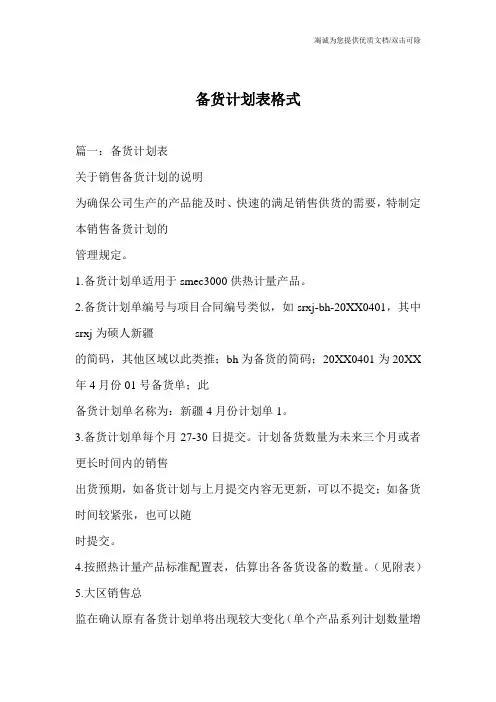 备货计划表格式