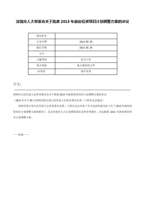 深圳市人大常委会关于批准2013年政府投资项目计划调整方案的决议-
