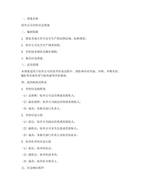 钻井公司井控预案模板范文