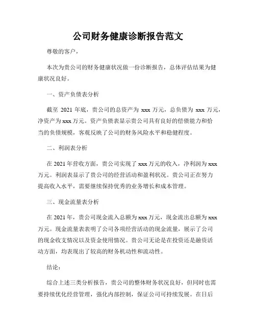 公司财务健康诊断报告范文