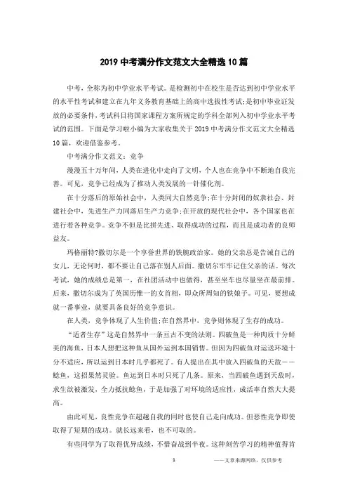 2019中考满分作文范文大全精选10篇