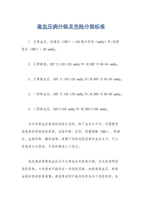 高血压病分级及危险分层标准