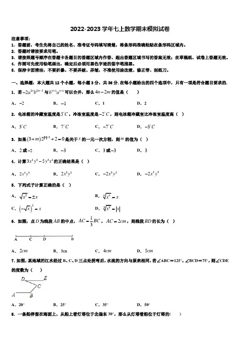 2022年吉林省长春市东北师大附中(明珠校区)七年级数学第一学期期末质量检测试题含解析