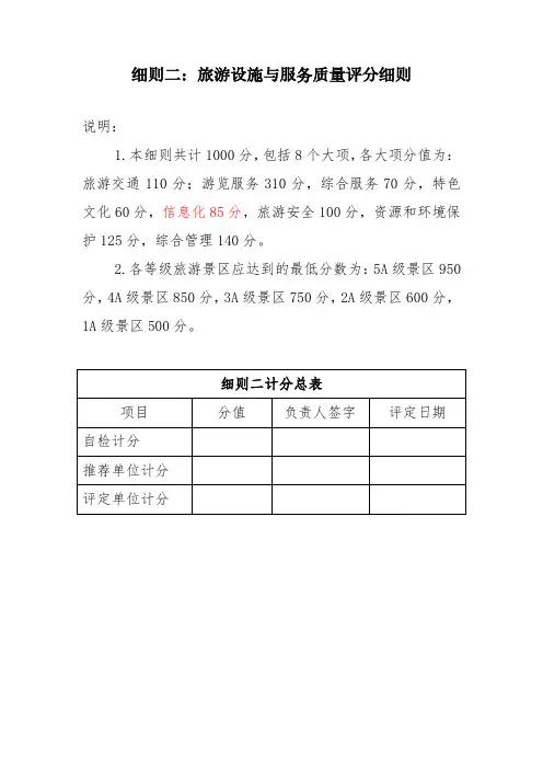 细则二：旅游设施与服务质量评分细则-国家5A级旅游景区建设标准细则(最新版)--