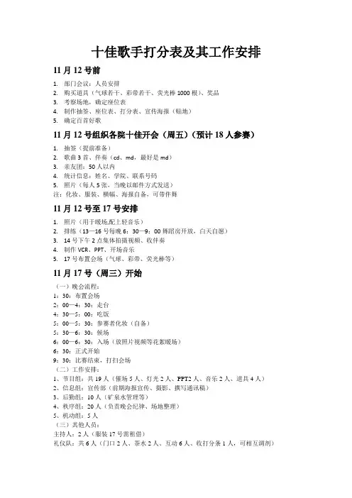 十佳歌手打分表及其工作简要安排