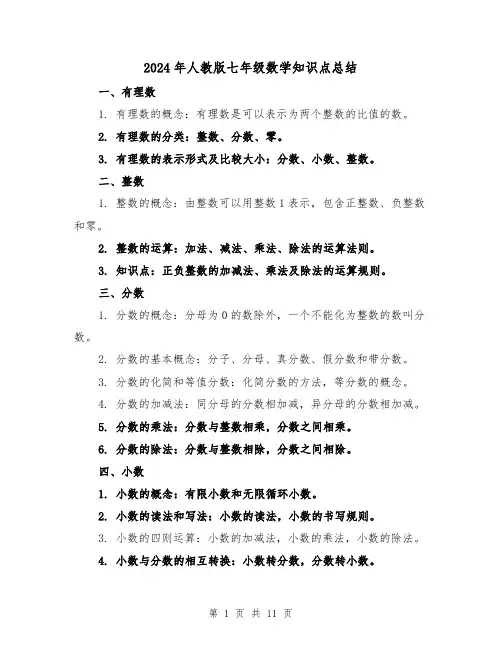 2024年人教版七年级数学知识点总结(2篇)