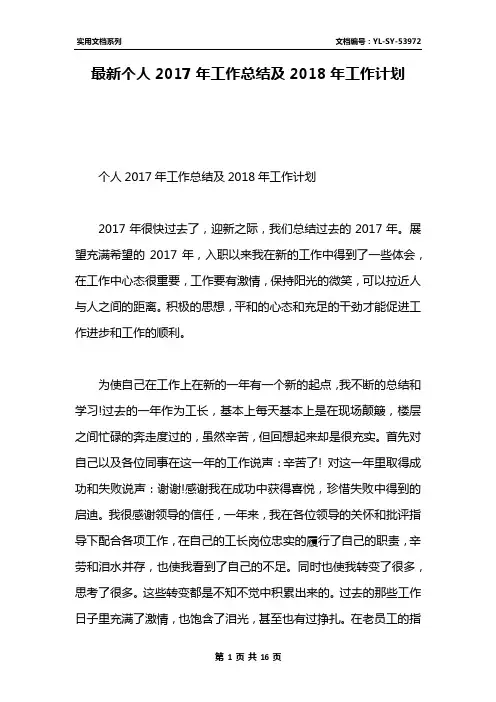 最新个人2017年工作总结及2018年工作计划