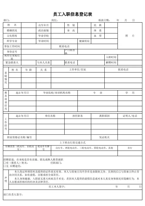 通用版员工入职信息登记表