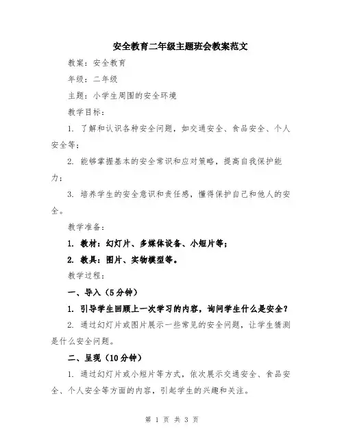 安全教育二年级主题班会教案范文