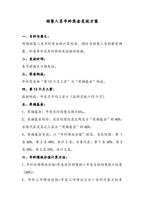销售人员年终奖发放办法(试行)