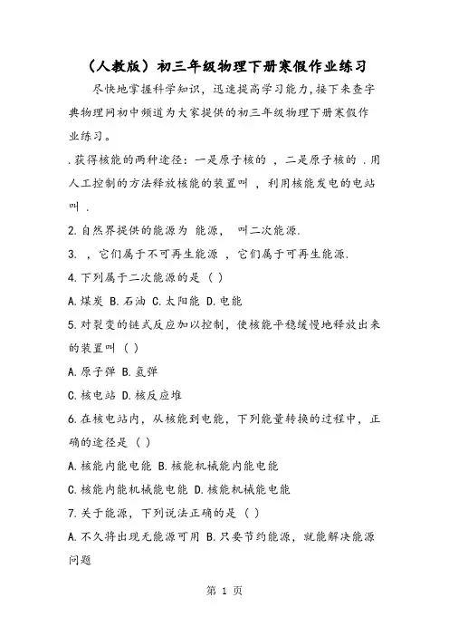 (人教版)初三年级物理下册寒假作业练习-word文档资料