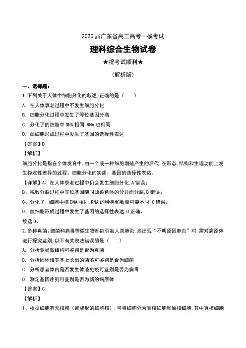 2020届广东省高三高考一模考试理科综合生物试卷及解析