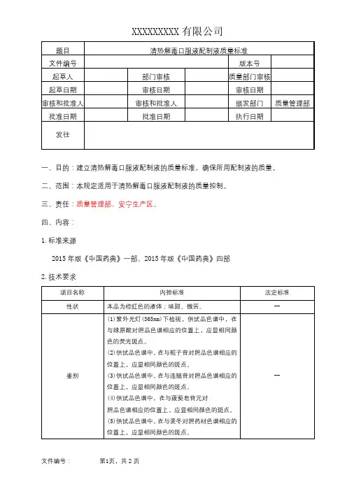 清热解毒口服液配制液质量标准
