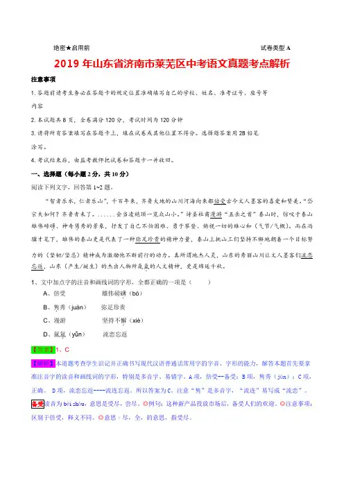 2019年山东省济南市莱芜区中考语文真题考点解析