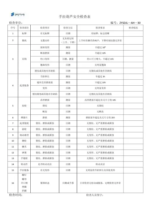 手拉葫芦安全检查表