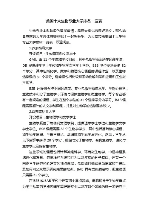 美国十大生物专业大学排名一览表
