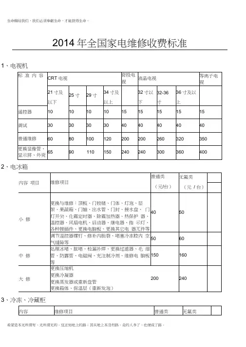 2014年家电维修收费标准