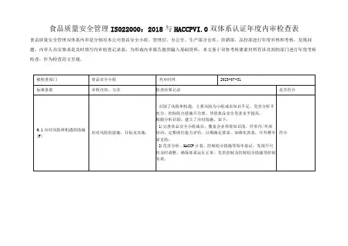 ISO22000：2018与HACCP食品质量安全双体系认证年度内审检查表格范文