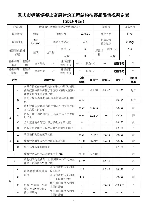 重庆市高层抗震超限情况判定表(2016版)