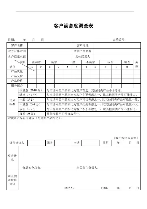 客户满意度调查表