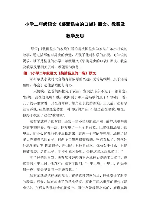 小学二年级语文《装满昆虫的口袋》原文、教案及教学反思