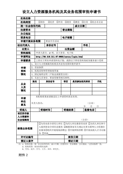 设立人力资源服务机构及其业务范围审批申请书