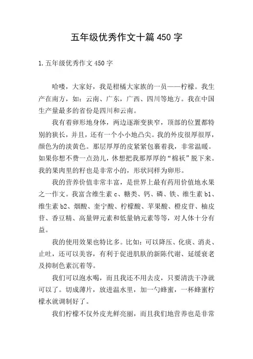 五年级优秀作文十篇450字