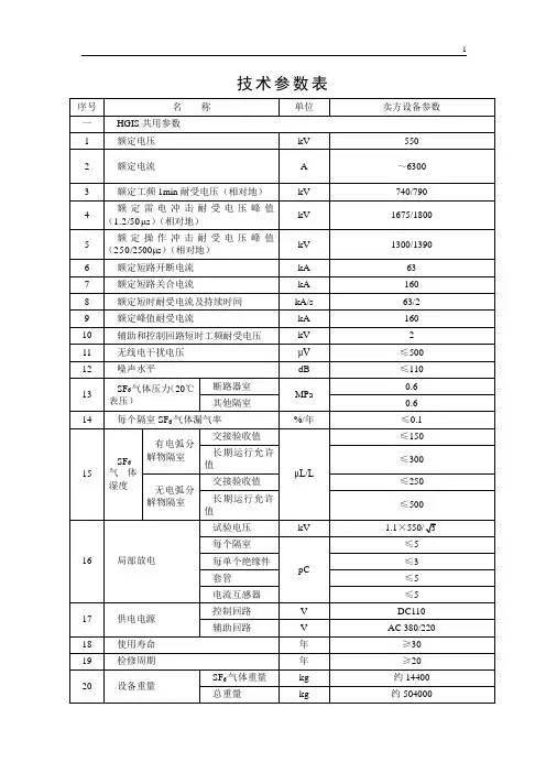 550kVHGIS(GIS)技术参数