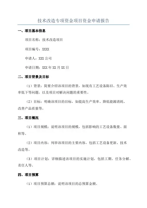 技术改造专项资金项目资金申请报告