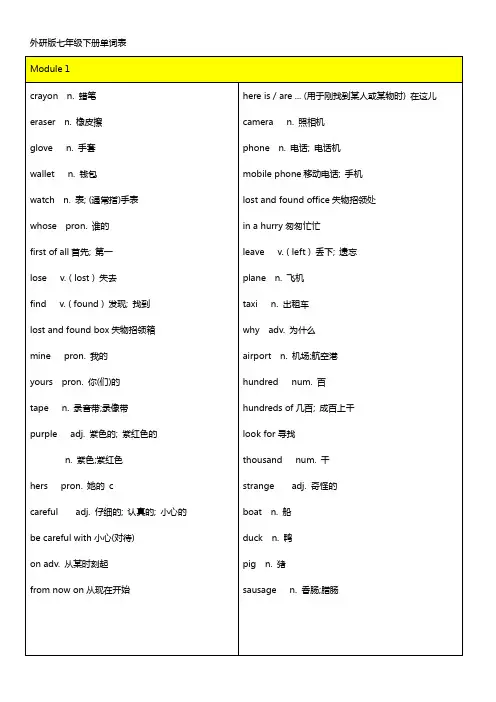 外研版七年级下册单词表