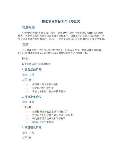 精选项目招标工作计划范文