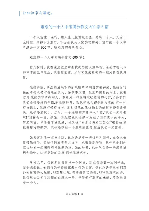 难忘的一个人中考满分作文600字5篇