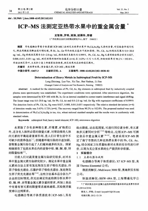 ICP-MS法测定亚热带水果中的重金属含量