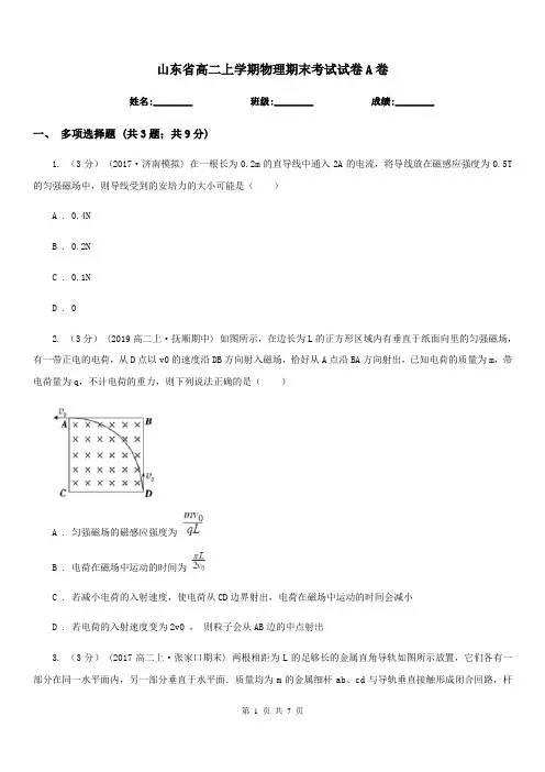 山东省高二上学期物理期末考试试卷A卷(模拟)