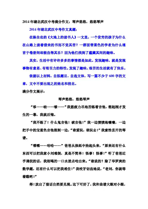 2014年湖北武汉中考满分作文：琴声悠悠,悠悠琴声