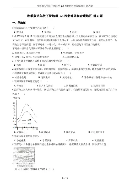 湘教版八年级下册地理 5.3西北地区和青藏地区 练习题
