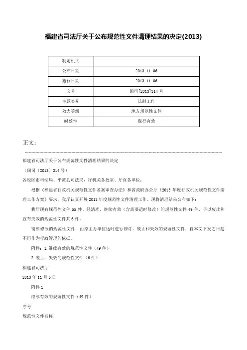 福建省司法厅关于公布规范性文件清理结果的决定(2013)-闽司[2013]314号