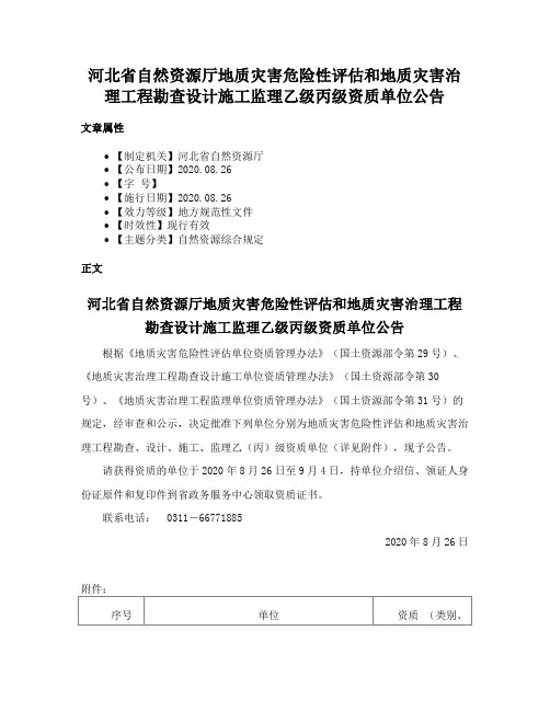 河北省自然资源厅地质灾害危险性评估和地质灾害治理工程勘查设计施工监理乙级丙级资质单位公告