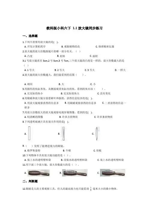 教科版小科六下 1.1放大镜同步练习(含答案解析)