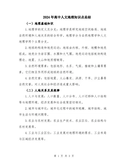 2024年高中人文地理知识点总结