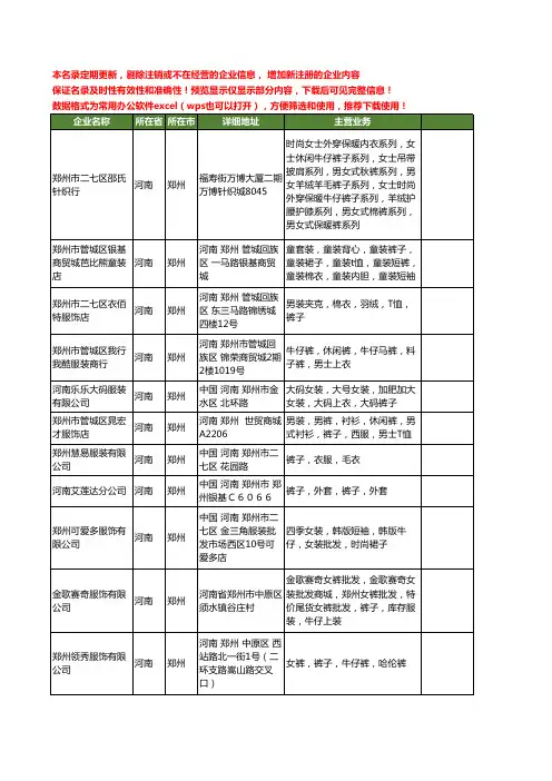 新版河南省郑州裤子工商企业公司商家名录名单联系方式大全67家